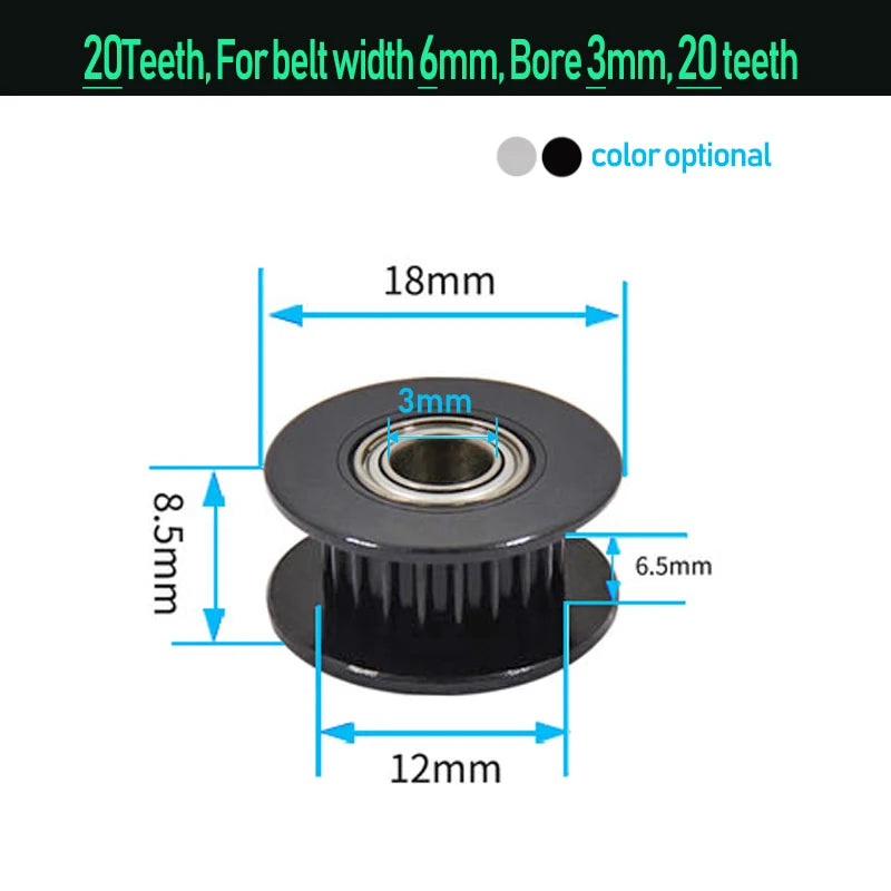 GT2 Idler Timing Pulley 16-Tooth 20-Teeth with 3Mm or 5Mm Bore with Bearings for 3D Printer Parts Timing Belt 6Mm 10Mm