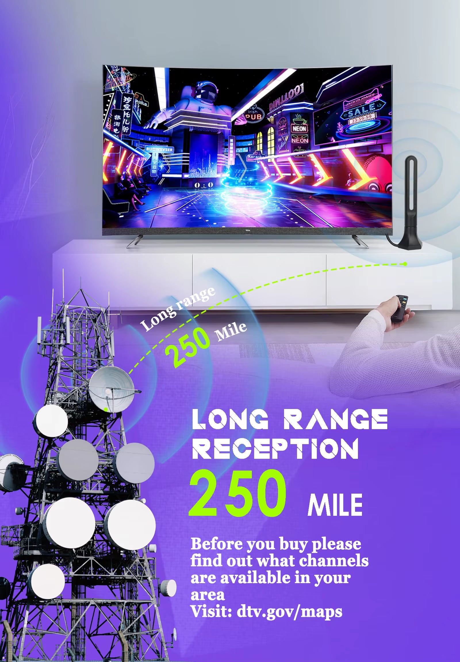 Tv Antenna with Amplifier 4K 1080P Indoor Digital Hd Upgraded Full 360° Signal Reception Digital Antenna Free Channel Tv Antenna