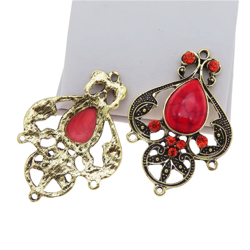 Wholesale 4Pcs Antique Bronze Alloy Red Imitation Stone Charms Pendant Jewelry Findings Connector 46*35*8Mm for Necklace