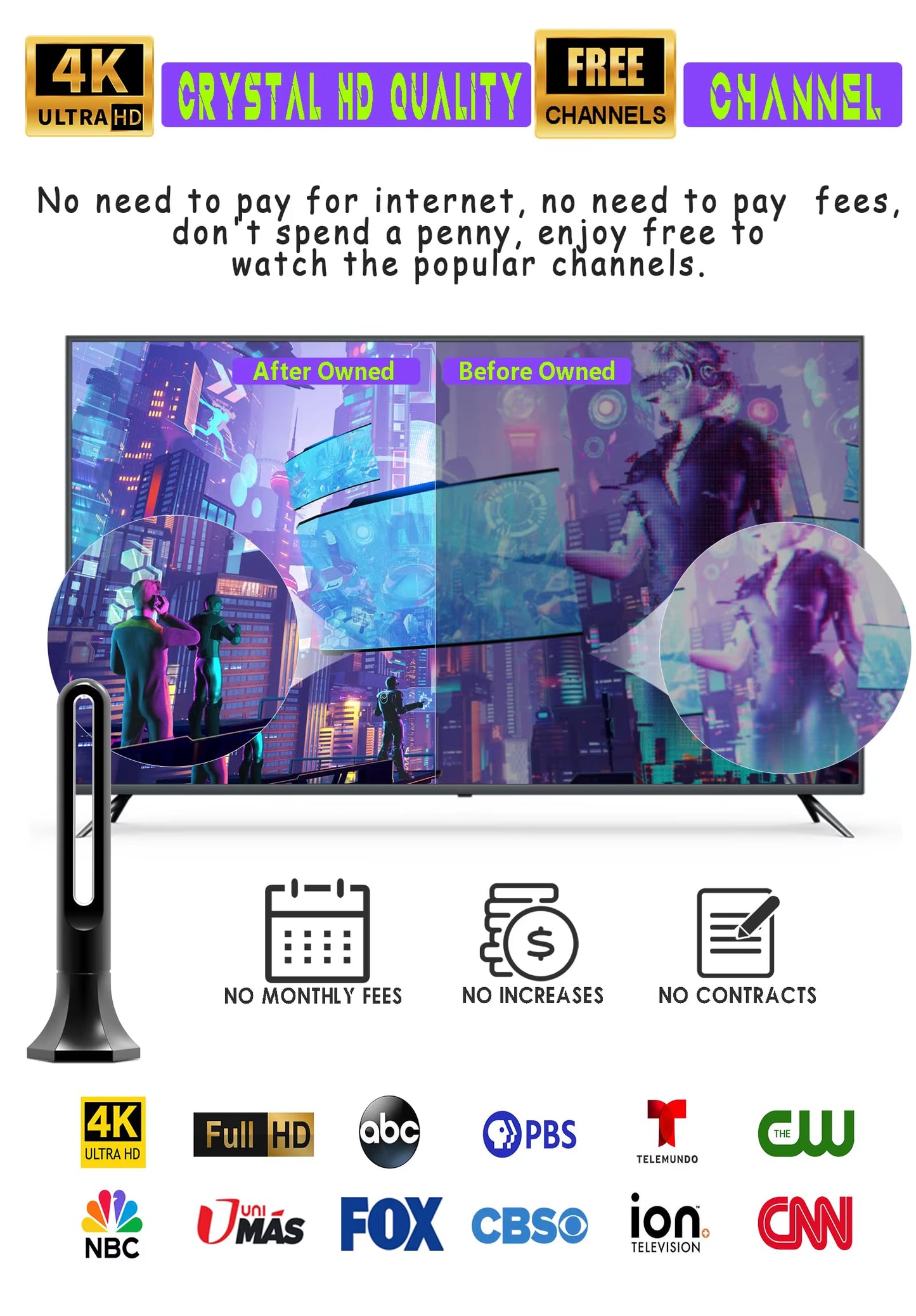 Tv Antenna with Amplifier 4K 1080P Indoor Digital Hd Upgraded Full 360° Signal Reception Digital Antenna Free Channel Tv Antenna