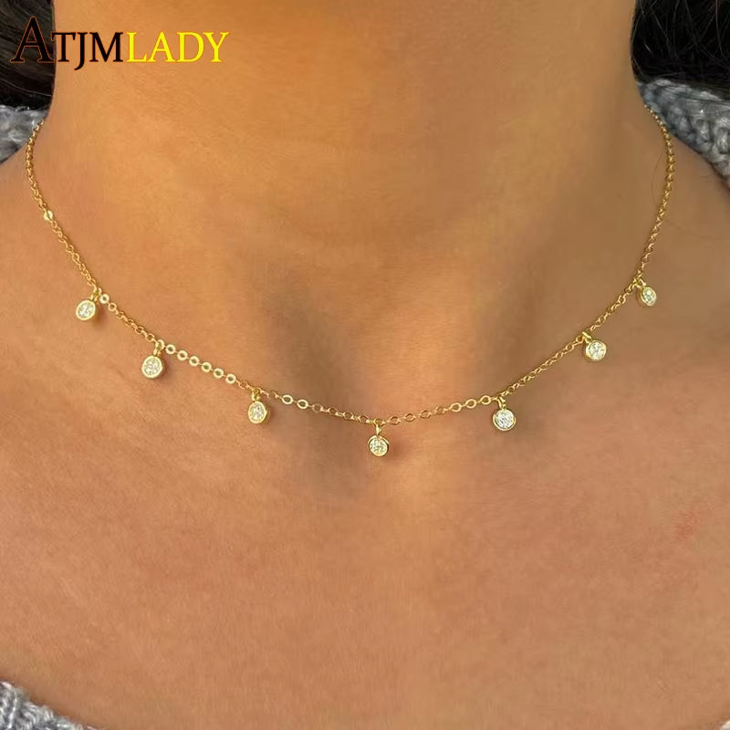925 Sterling Silver Clear CZ Station Multi Charm Choker Fashion Delicate Dainty Disco Dots Drip Drop Pendant Necklace for Women