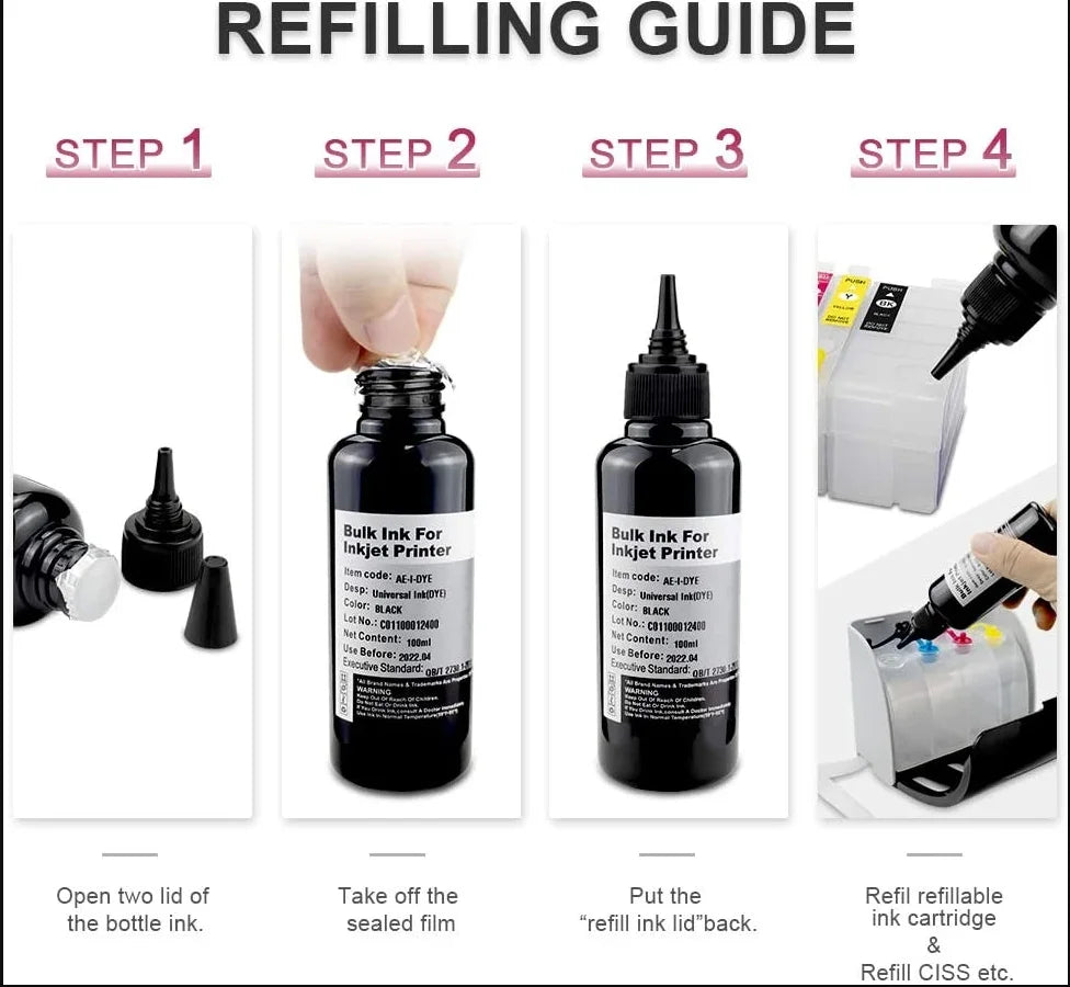 5X100Ml Universal Dye Ink BK C M Y Refill Kit for HP Canon  Brother Dell Deskjet Inkjet Printer ,Tank Ink Cartridge CISS