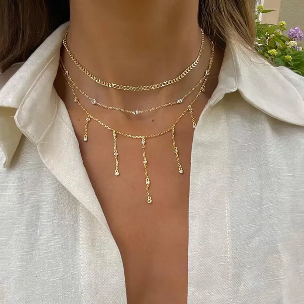 925 Sterling Silver Clear CZ Station Multi Charm Choker Fashion Delicate Dainty Disco Dots Drip Drop Pendant Necklace for Women