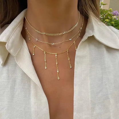925 Sterling Silver Clear CZ Station Multi Charm Choker Fashion Delicate Dainty Disco Dots Drip Drop Pendant Necklace for Women
