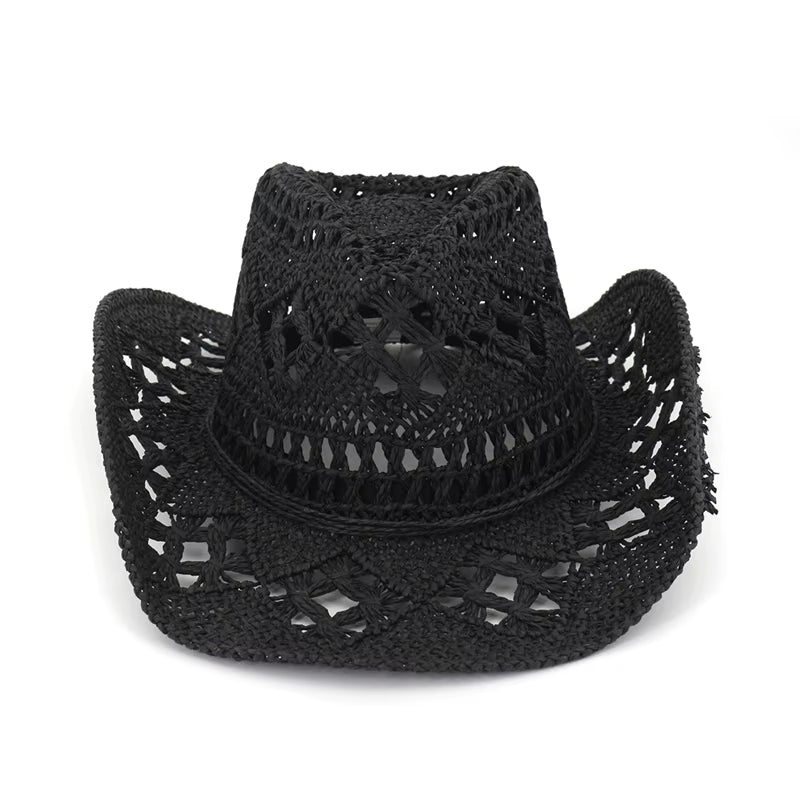 Summer Outdoor Men Women Hand-Woven Western Cowboy Paper Straw Hats Wide Brim Breathable Beach Jazz Cap Sun Protection Hat