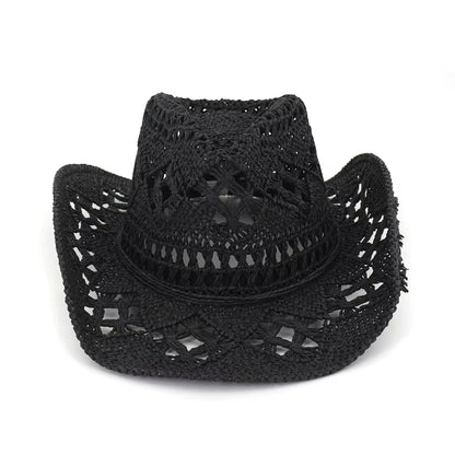 Summer Outdoor Men Women Hand-Woven Western Cowboy Paper Straw Hats Wide Brim Breathable Beach Jazz Cap Sun Protection Hat