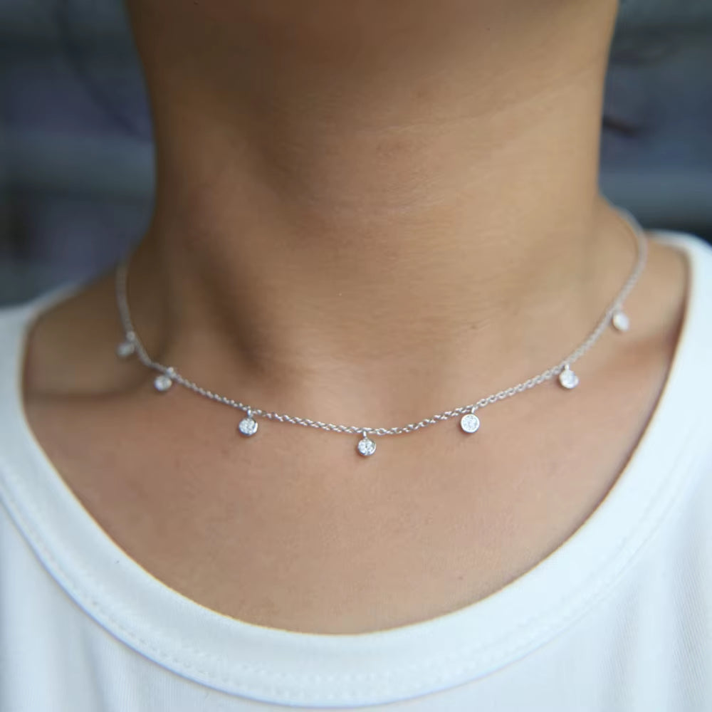 925 Sterling Silver Clear CZ Station Multi Charm Choker Fashion Delicate Dainty Disco Dots Drip Drop Pendant Necklace for Women