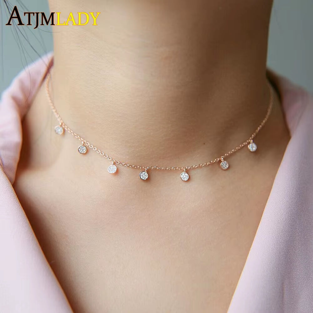 925 Sterling Silver Clear CZ Station Multi Charm Choker Fashion Delicate Dainty Disco Dots Drip Drop Pendant Necklace for Women