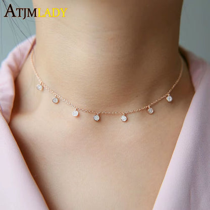 925 Sterling Silver Clear CZ Station Multi Charm Choker Fashion Delicate Dainty Disco Dots Drip Drop Pendant Necklace for Women