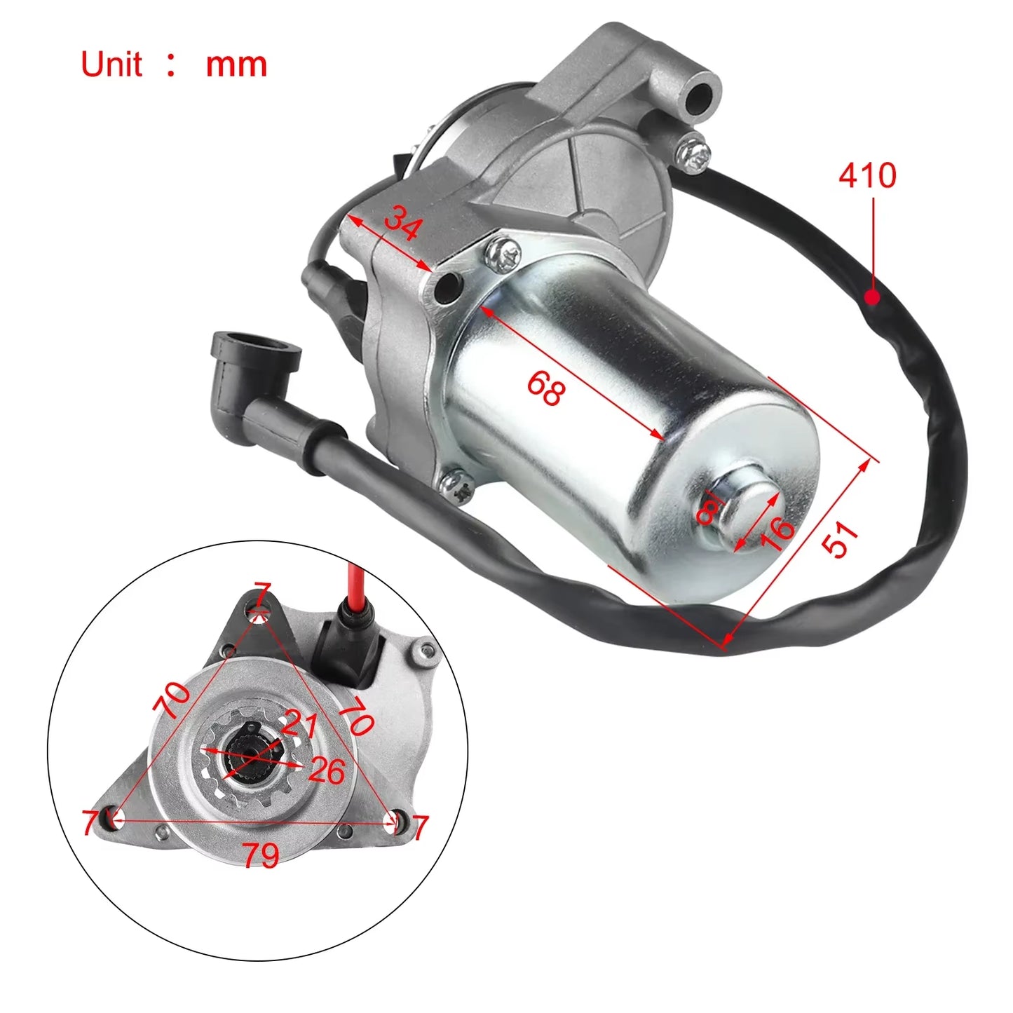Electric Starter Motor 3 Bolt for 4 Stroke 50Cc 70Cc 90Cc 100Cc 110Cc 125Cc Engine 4 Wheeler ATV Quad Dirt Bike Go Kart Taotao