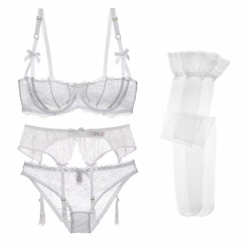 Luxury Half Cup Lace Transparent Sexy Lingerie Ultra-Thin Solid Shell Style 4 Pieces/Lots Bra Set and Garter and Stocking