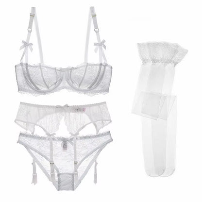 Luxury Half Cup Lace Transparent Sexy Lingerie Ultra-Thin Solid Shell Style 4 Pieces/Lots Bra Set and Garter and Stocking