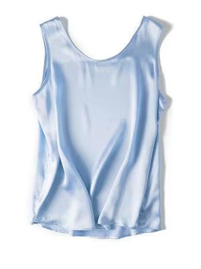 . Women Basic Cozy Tanks, 100%Real Silk, O Neck Sleeveless Chic T Shirt, 2025 Solid Summer Vests, White, Pink, Beige
