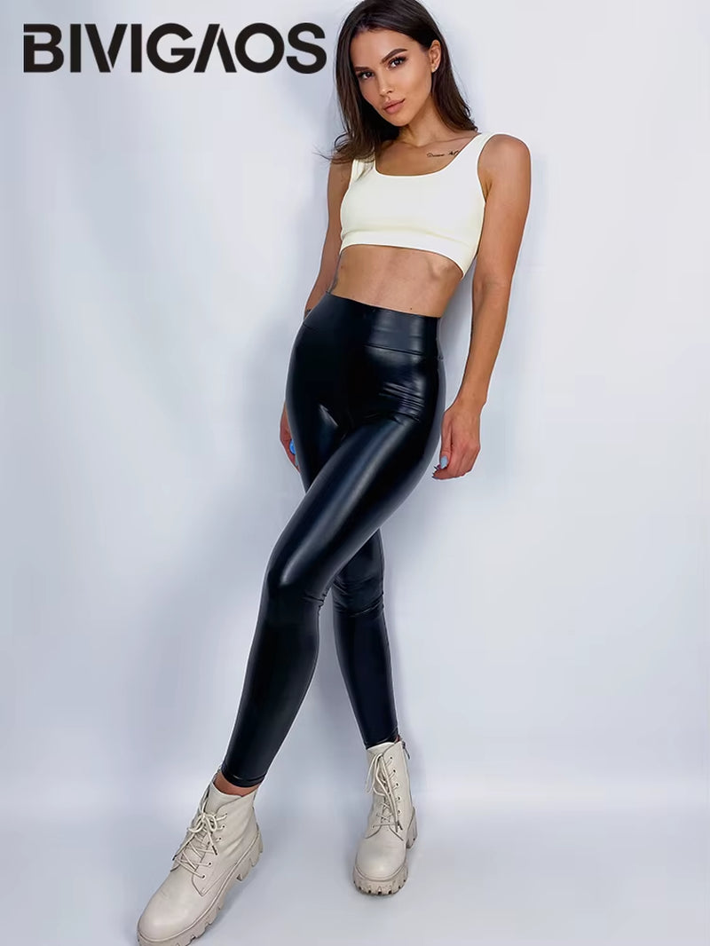 Fashion Women PU Leather Pants Elastic High Waist Winter Leggings Slim Velvet Leather Leggings Skinny Fleece Trousers