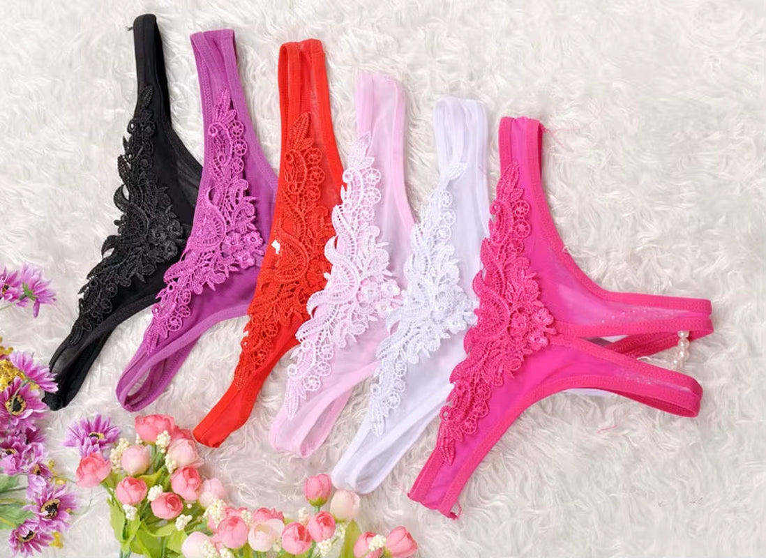 Women Low Waist Panties Lace G Strings Sexy Underwear Pearl Crotchless Briefs Female Lingerie Tanga