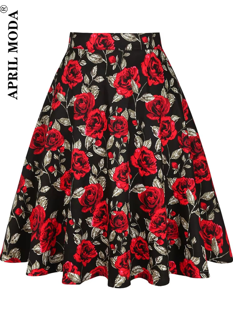Women'S Runway Cotton Retro Vintage Skirt Black Faldas High Waist a Line Rockabilly Jupe 50S Swing Umbrella Skirts Pin up Skater