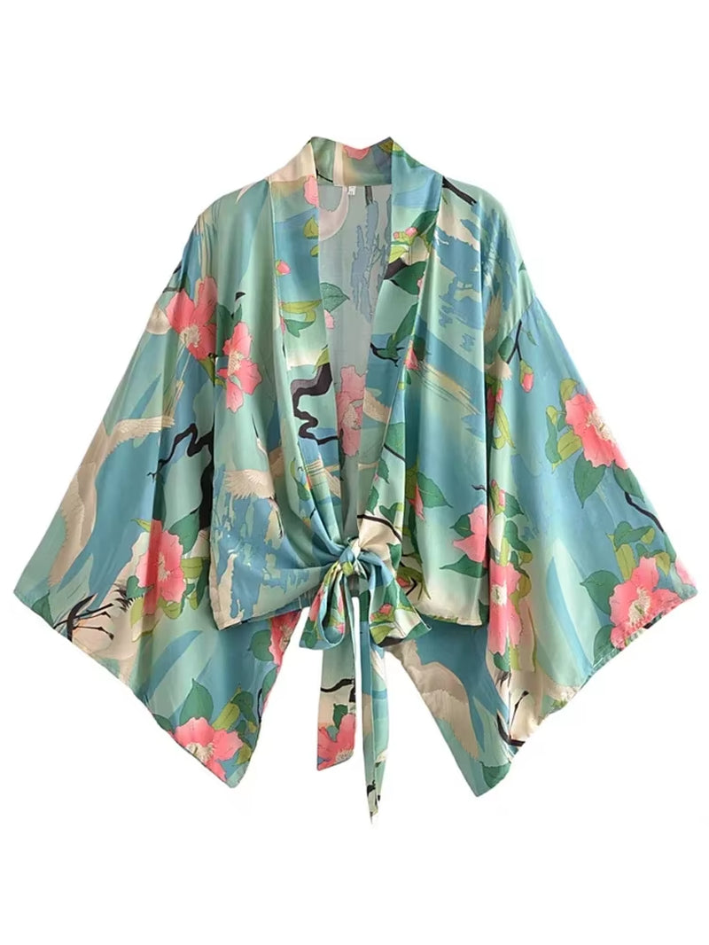 Boho Vintage Floral Print Beach Summer Short Kimono Women Fashion Ladies Casual V Neck Batwing Sleeves Bohemian Cover-Ups