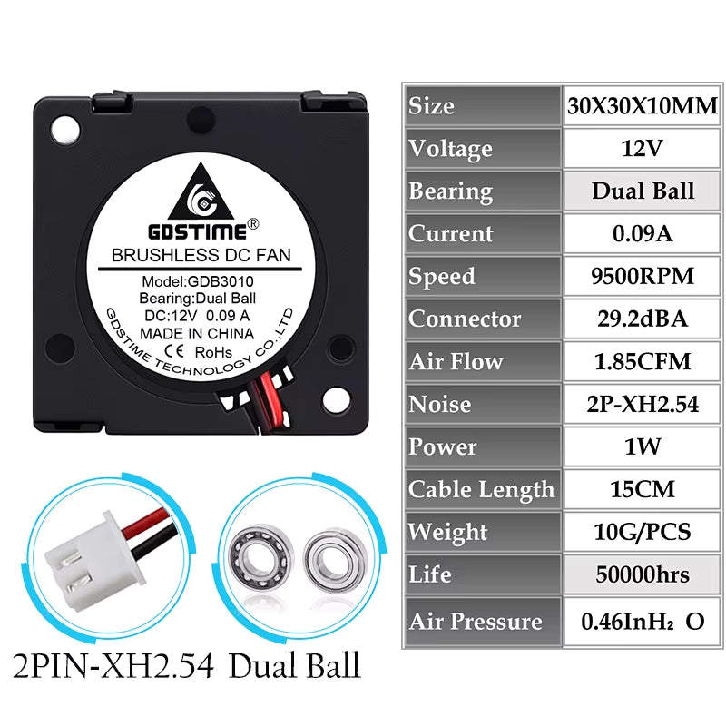 2 Pieces  DC 5V 12V 24V 30X30X10Mm Sleeve Dual Ball 1 Inch Small Mini Blower Cooling Fan 30Mm X 10Mm 3Cm 3010 3D Printer