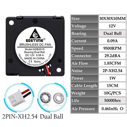 2 Pieces  DC 5V 12V 24V 30X30X10Mm Sleeve Dual Ball 1 Inch Small Mini Blower Cooling Fan 30Mm X 10Mm 3Cm 3010 3D Printer