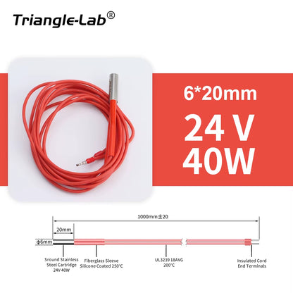 Trianglelab 3D Printer 6*20MM 12V/24V 40W Heater Cartridge with 100CM Cable for 3D Printer for PT100 HOTEND Volcano MK8 MK9