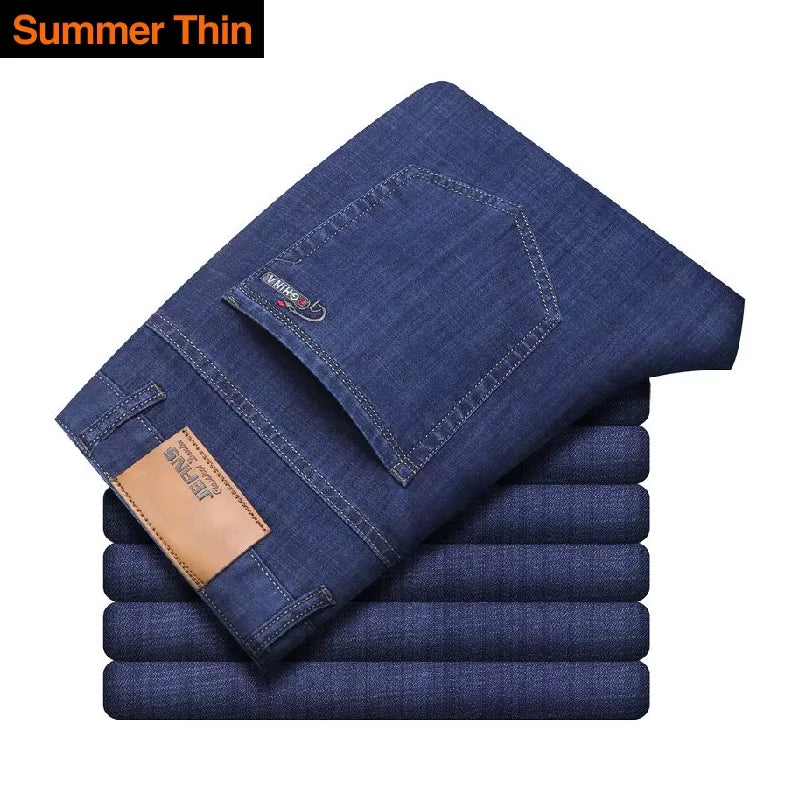 Classic Style Men Brand Jeans Business Casual Stretch Slim Denim Pants Light Blue Black Trousers Male