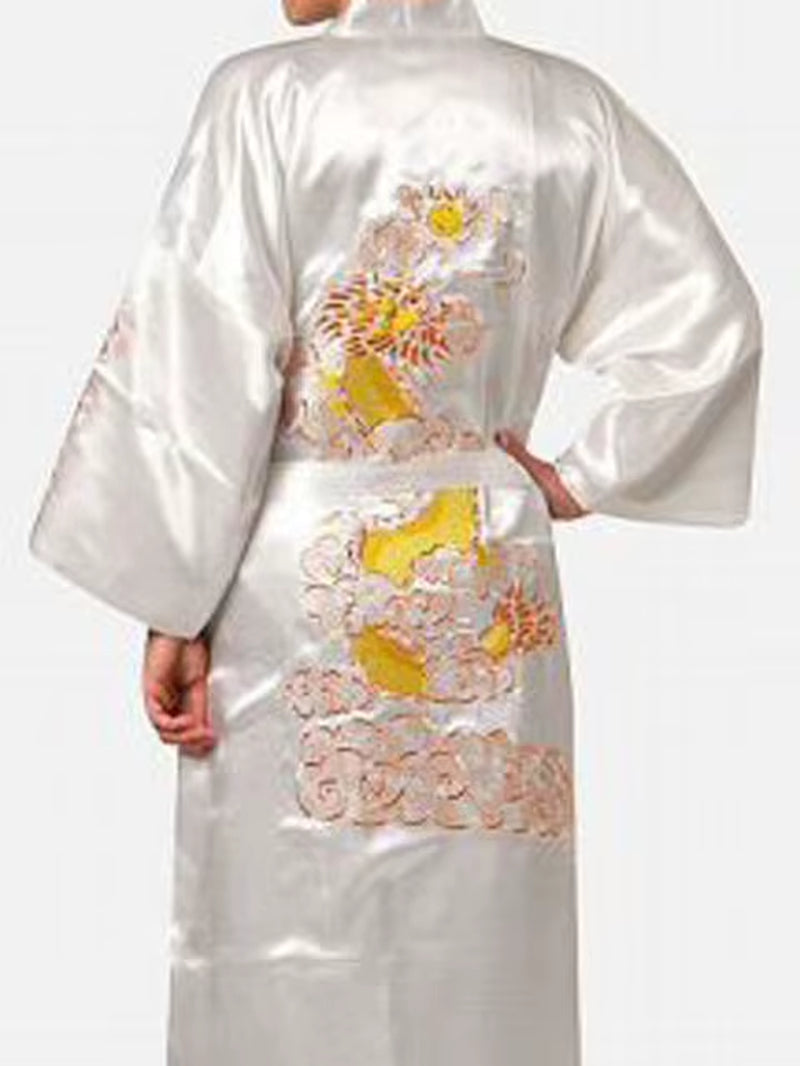 Navy Blue Chinese Men'S Satin Silk Robe Embroidery Kimono Bath Gown Dragon Size S M L XL XXL XXXL S0008