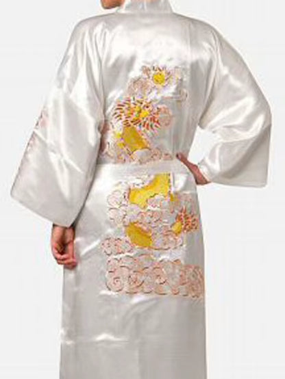 Navy Blue Chinese Men'S Satin Silk Robe Embroidery Kimono Bath Gown Dragon Size S M L XL XXL XXXL S0008
