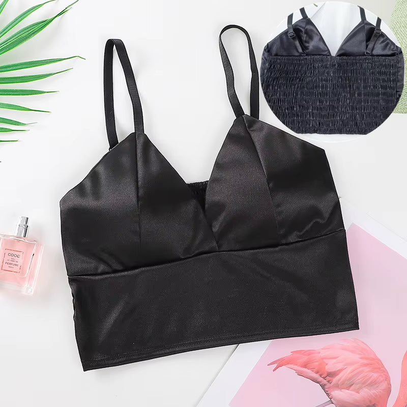 Sexy Satin Crop Tops Women Wireless Bralette Crochet Top Female Spaghetti Strap T-Shirt Cropped with Chest Padded Camisole Camis