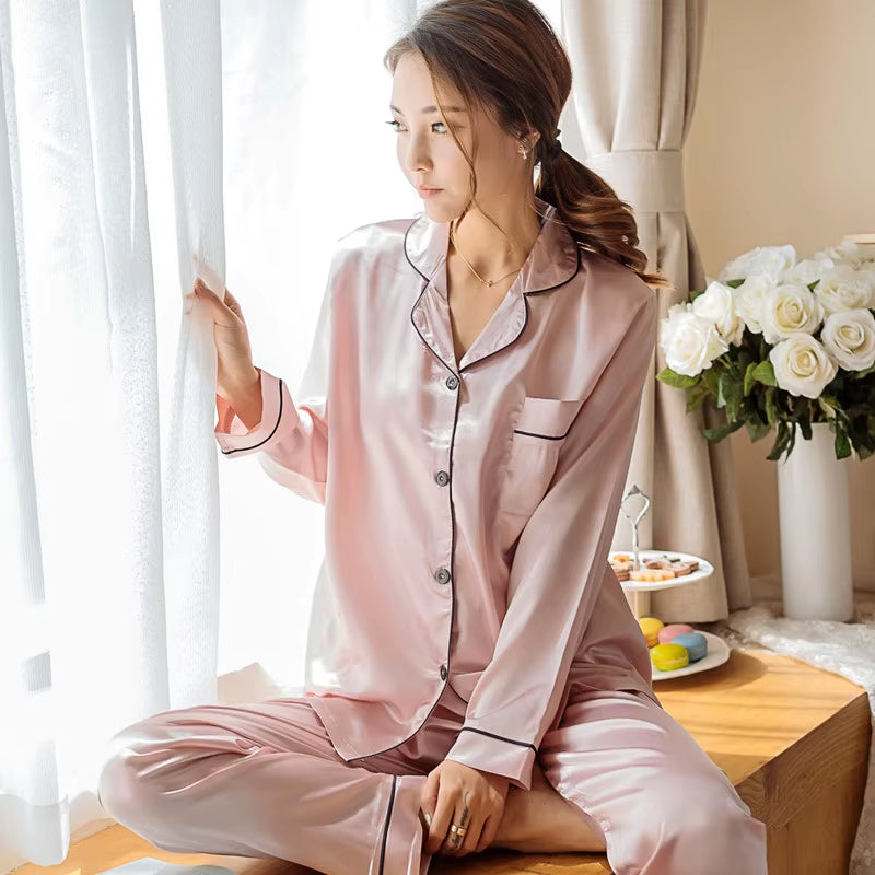Womens Silk Satin Pajamas Pyjamas Set Sleepwear Pijama Pajamas Suit Female Sleep Two Piece Set Women'S Loungewear plus Size