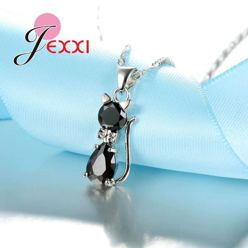 Fast Shipping Retail Romantic Engagement Silver Cute Cat Jewelry Sets Necklace Earrings with Austrian Crystal for Women
