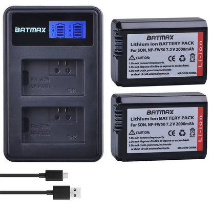 2000Mah NP-FW50 NP FW50 Camera Battery + LCD USB Dual Charger for Sony Alpha A6500 A6300 A6000 A5000 A3000 NEX-3 A7R Zv-E1