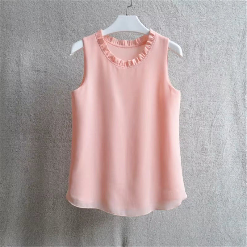 21 Colors Solid Ruffle Chiffon Blouse Women 2025 Summer Fashion Vest Blusas Casual Loose Sleeveless Ladies Tops Shirt