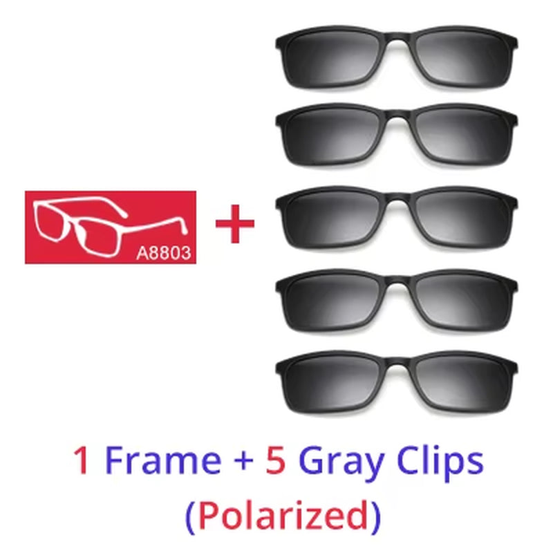 Polarized Sunglasses Men Women 5 in 1 Magnetic Clip on Glasses TR90 Optical Prescription Eyeglass Frames Magnet Clips