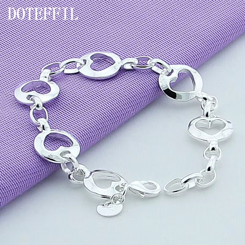 925 Sterling Silver Full Heart Chain Bracelet Fashion for Women Wedding Engagement Jewelry