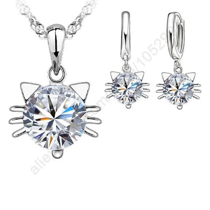 New Arrivals Romantic 925 Sterling Silver Cubic Zircon Cute Pretty Cat Necklace Hoop Earrings Jewelry Sets