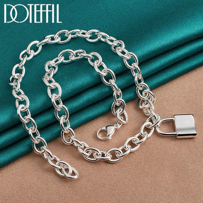 925 Sterling Silver Square Lock Pendant Necklaces 18 Inches Chain for Women Lovers Wedding Party Jewelry