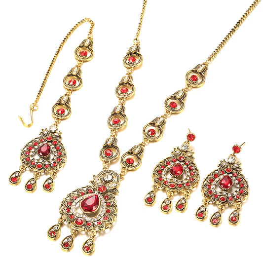 From India Vintage Look Jewelry Sets Pendants Necklace Earring for Women Gold-Color Mosaic Blue Crystal Party Gifts