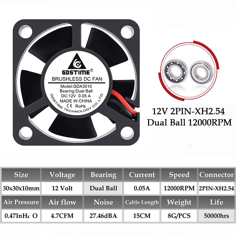 2PCS  Dual Ball Bearing DC 24V 12V 5V 3Cm 30Mm 30X30X10Mm 3010 Brushless Mini Cooler Cooling Fan