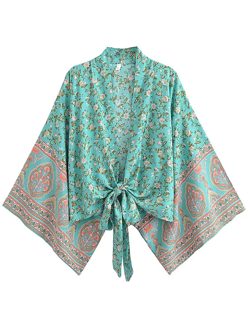 Boho Vintage Floral Print Beach Summer Short Kimono Women Fashion Ladies Casual V Neck Batwing Sleeves Bohemian Cover-Ups