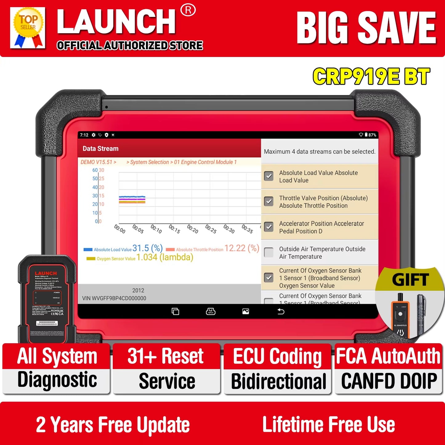 CRP919E BT OBD2 Scanner CAN FD DOIP FCA Full System Car Diagnostic Tools ECU Coding Bidirectional Control 31+ Service