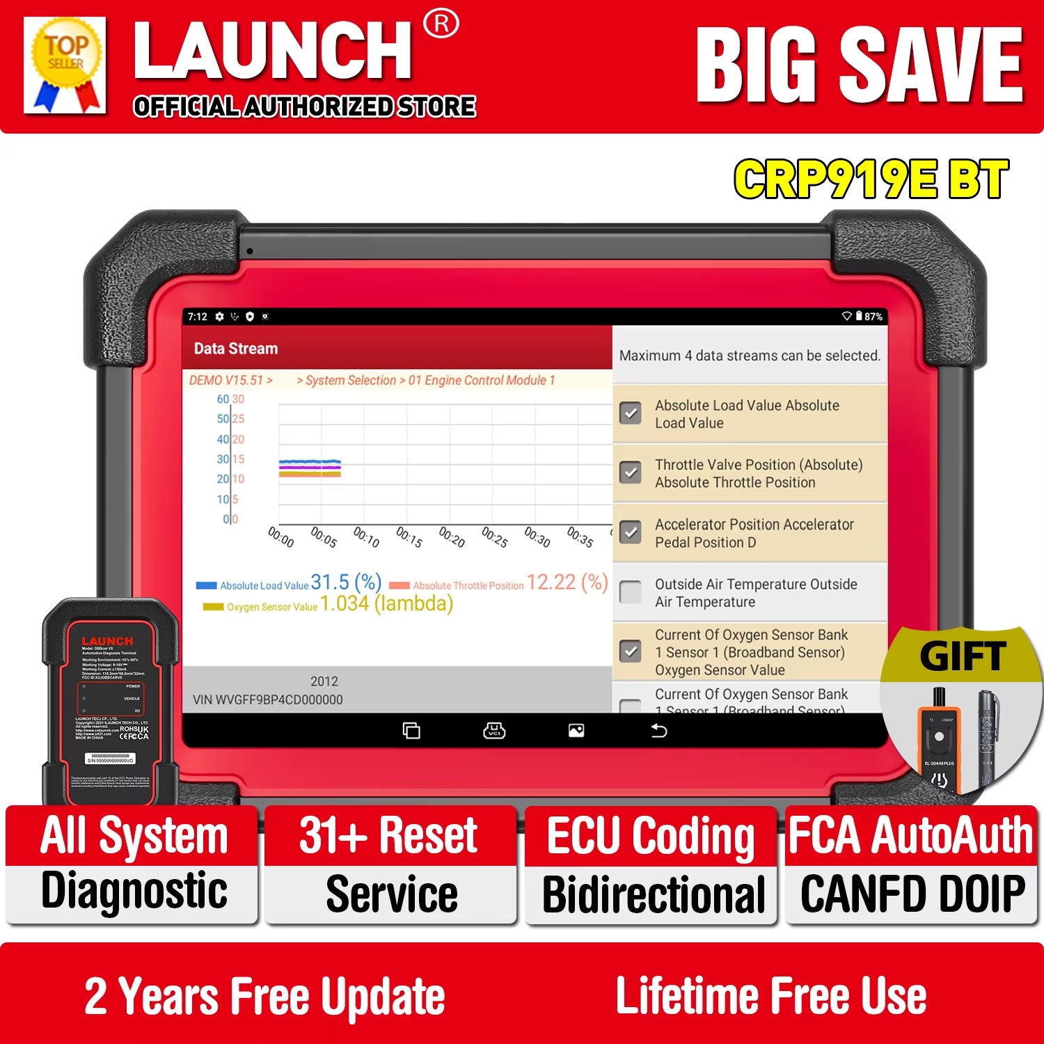 CRP919E BT OBD2 Scanner CAN FD DOIP FCA Full System Car Diagnostic Tools ECU Coding Bidirectional Control 31+ Service