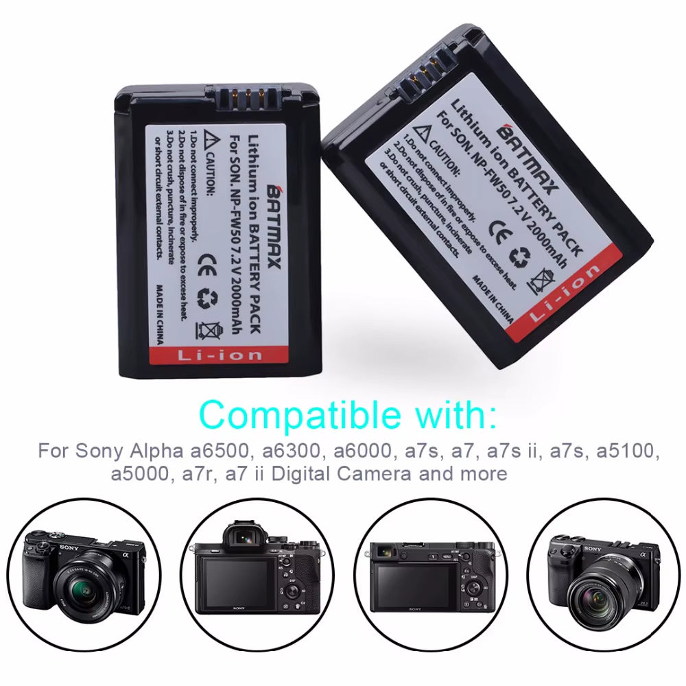2000Mah NP-FW50 NP FW50 Camera Battery + LCD USB Dual Charger for Sony Alpha A6500 A6300 A6000 A5000 A3000 NEX-3 A7R Zv-E1