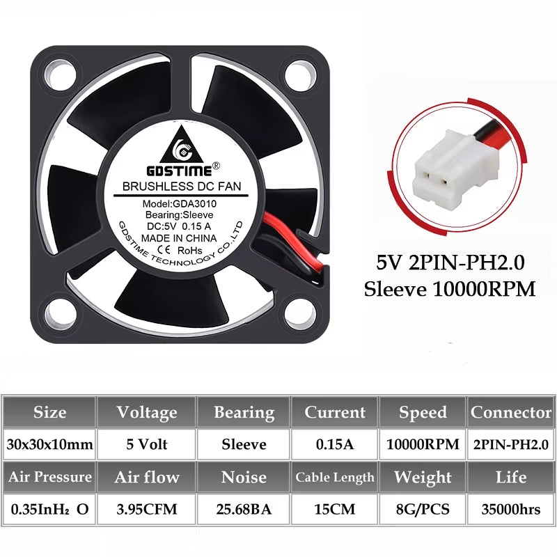2PCS  Dual Ball Bearing DC 24V 12V 5V 3Cm 30Mm 30X30X10Mm 3010 Brushless Mini Cooler Cooling Fan