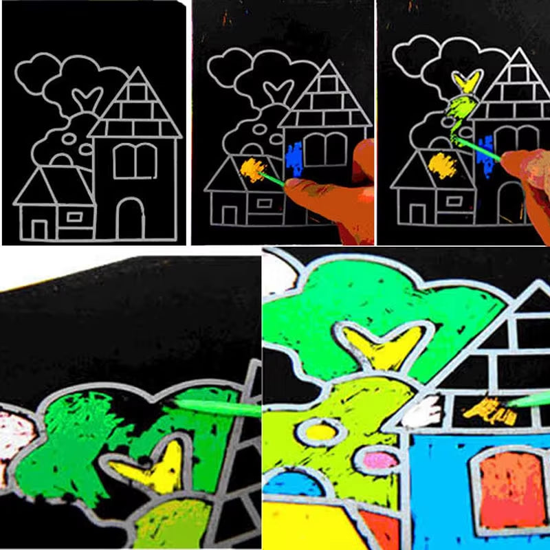 10 Pcs 13X 9.8Cm Scratch Art Paper Magic Painting Paper with Drawing Stick for Kids Toy Colorful Drawing Toys