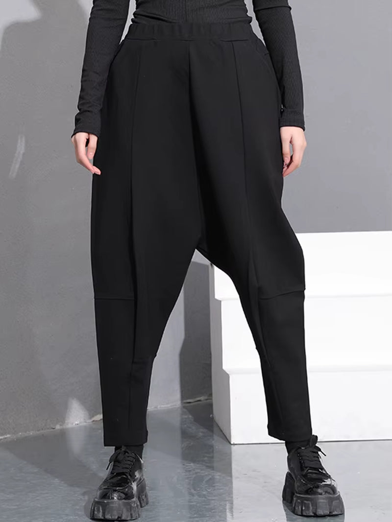[] High Elastic Waist Black Pocket Thick Patchwork Harem Pants New Trousers Women Fashion Tide Spring Autumn 2025 SA155