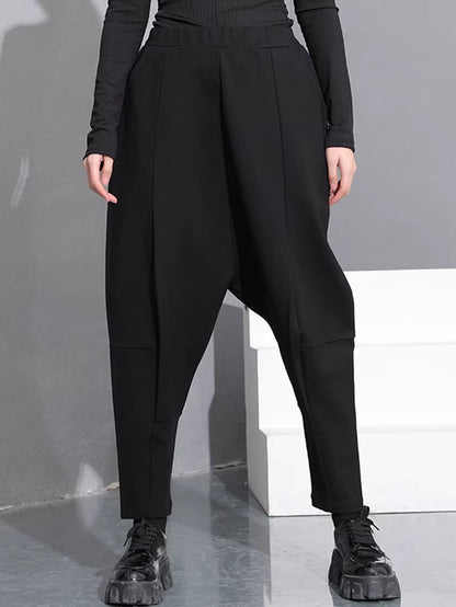 [] High Elastic Waist Black Pocket Thick Patchwork Harem Pants New Trousers Women Fashion Tide Spring Autumn 2025 SA155
