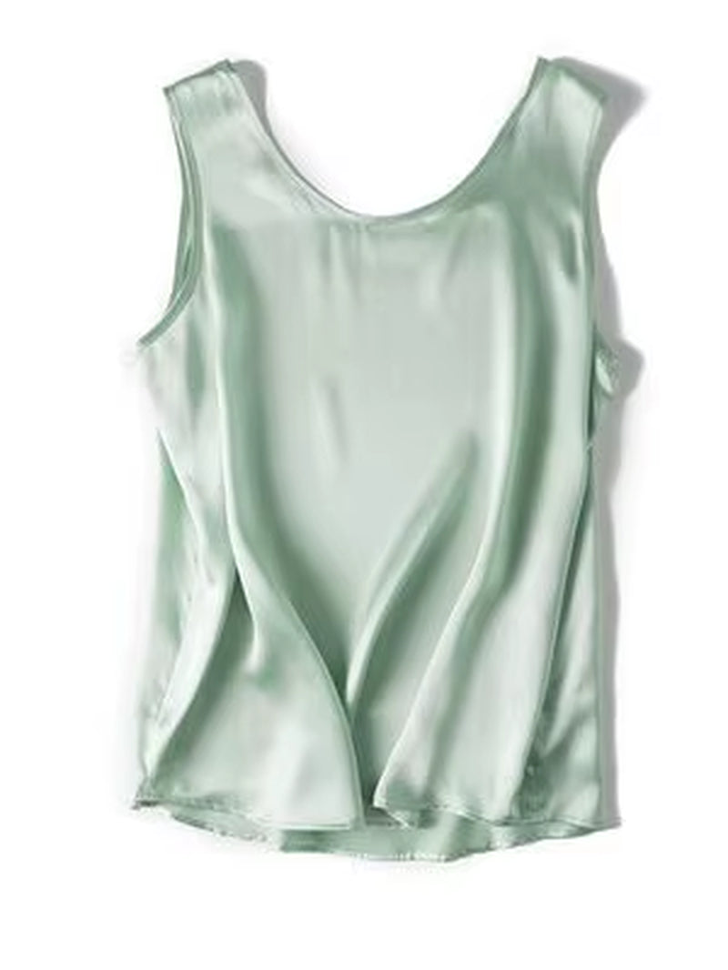 . Women Basic Cozy Tanks, 100%Real Silk, O Neck Sleeveless Chic T Shirt, 2025 Solid Summer Vests, White, Pink, Beige