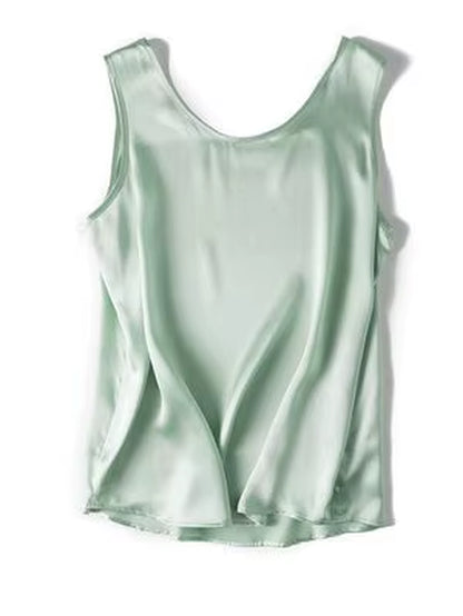. Women Basic Cozy Tanks, 100%Real Silk, O Neck Sleeveless Chic T Shirt, 2025 Solid Summer Vests, White, Pink, Beige