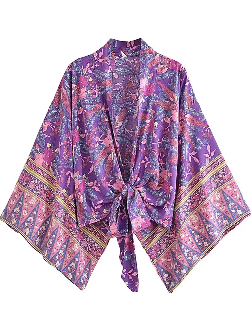 Boho Vintage Floral Print Beach Summer Short Kimono Women Fashion Ladies Casual V Neck Batwing Sleeves Bohemian Cover-Ups