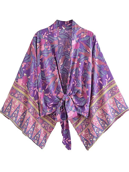 Boho Vintage Floral Print Beach Summer Short Kimono Women Fashion Ladies Casual V Neck Batwing Sleeves Bohemian Cover-Ups